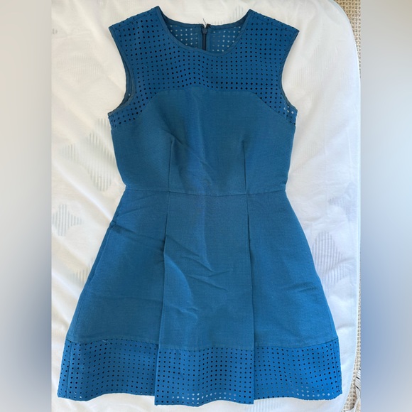 J Crew Peacock Blue Cotton & Silk A-line Fit & Flare Dress Pockets size 2 Petite - Picture 8 of 8